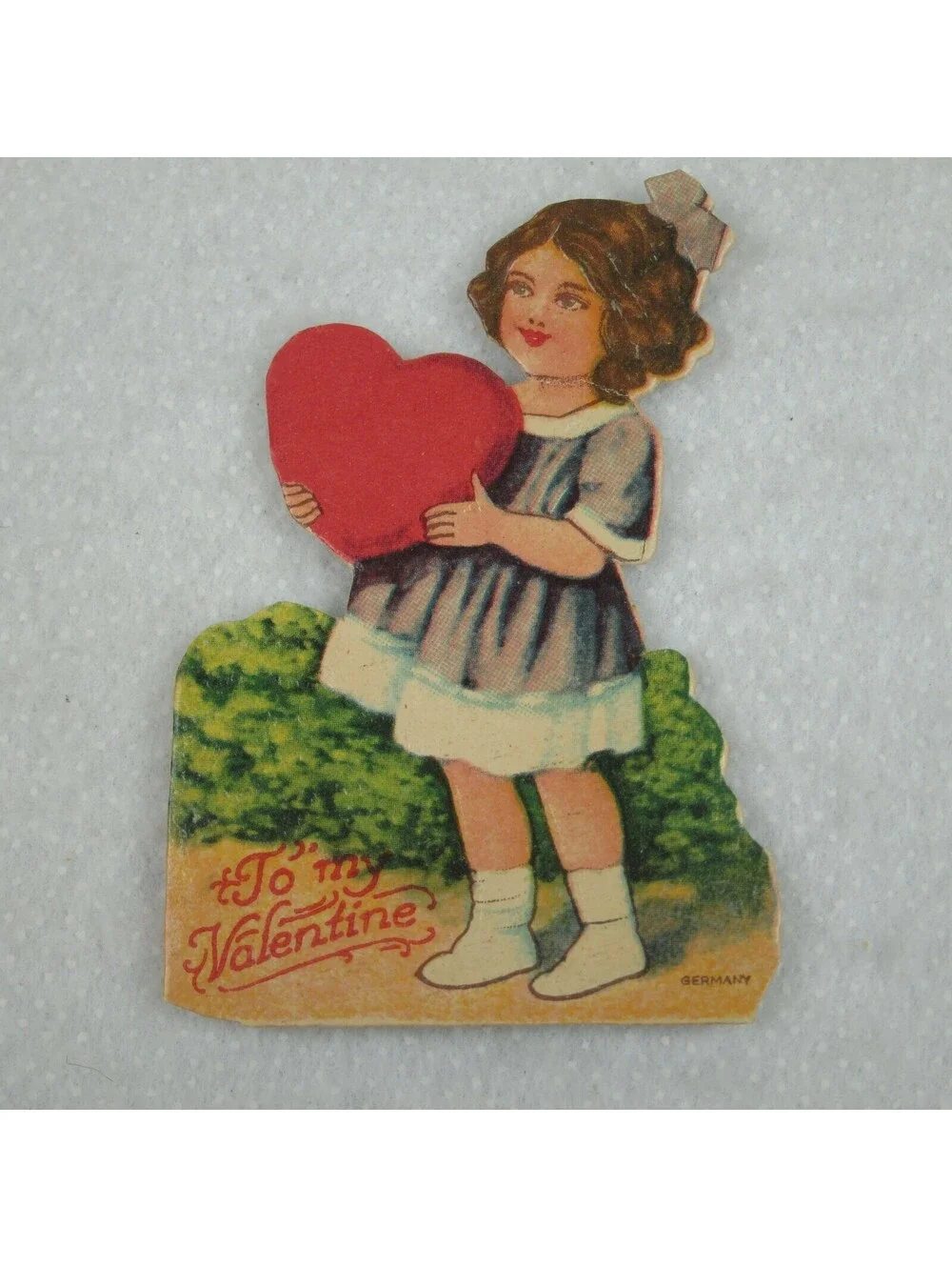 Vintage Valentine Die Cut Stand Up Girl Purple Dress Hold Heart 1920-30s Germany